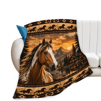 Sunset Mountain Cabin Blanket: Horses at Dusk