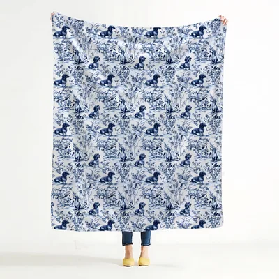 Blue Toile Dog Blanket: Dachshunds in Classic Blue and White