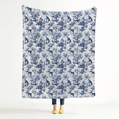 Frenchie and Corgi Blanket: Blue Toile Dog Print