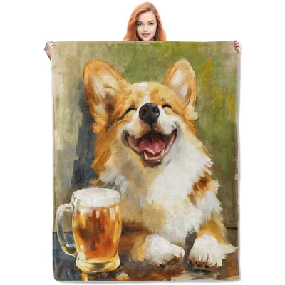 Corgi with Beer Blanket: A Grinning Pup and a Frothy Mug