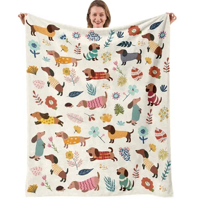 Dachshunds in Sweaters and Flowers Blanket - Cozy Dog Print