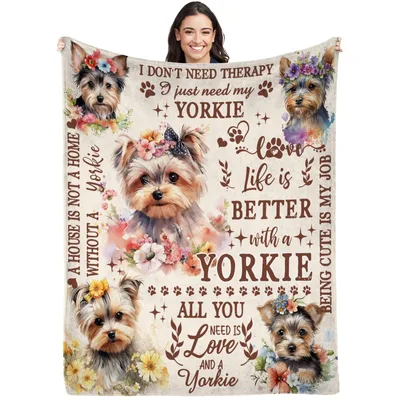 Yorkie Mom Blanket: Watercolor Yorkies and Flowers