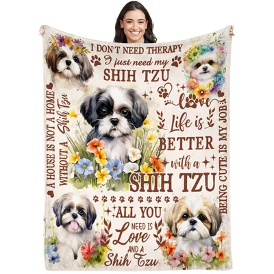 Shih Tzu Dog Mom Blanket with Floral Shih Tzu Art
