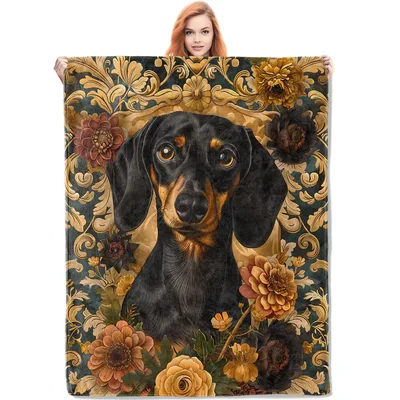 Vintage Dog Blanket: Dachshund in Gold and Florals