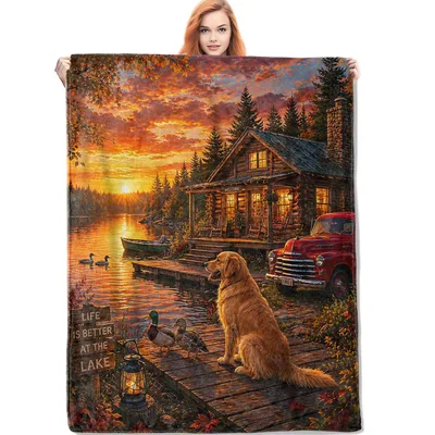 Dog by the Lake Blanket: Golden Retriever Sunset Cabin Design