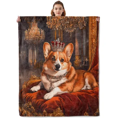 Royal Corgi Blanket: A Crowned Dog in a Palace Hall