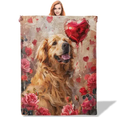 Valentine Dog Blanket: Golden Retriever and Roses
