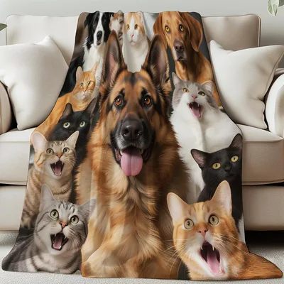Cat and Dog Lover Blanket: Pets Gathered in One Selfie-Style Scene