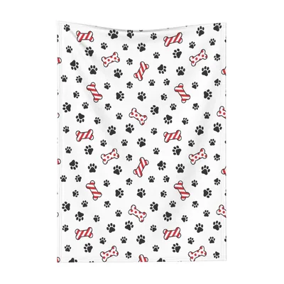 Dog Paw Pattern Blanket with Red Striped Bones and Black Prints