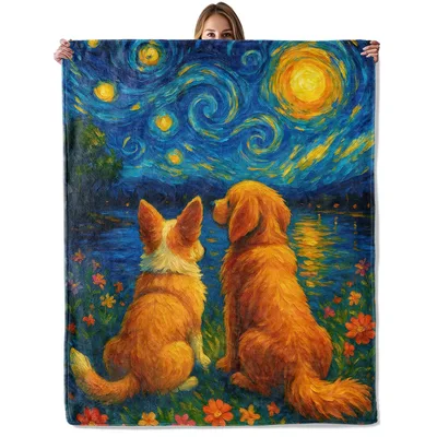 Starry Night Dogs Blanket: Two Pups Under a Swirling Sky