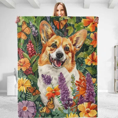 Corgi Dog Floral Blanket: A cheerful corgi surrounded