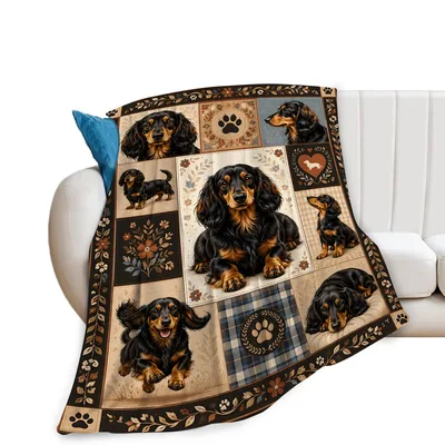 Dachshund Collage with Paw Blanket featuring a patchwork of black