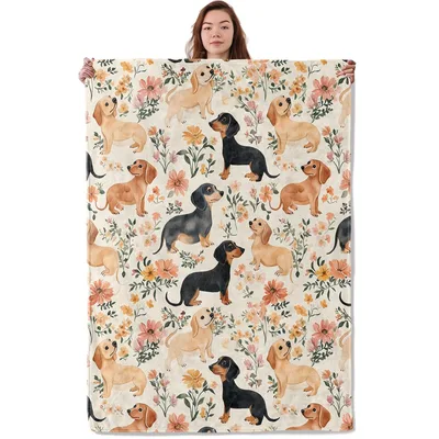 Watercolor Dachshunds Among Flowers Blanket for Dog Lovers