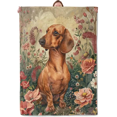 Vintage Floral Dog Blanket with a Dachshund in Bloom