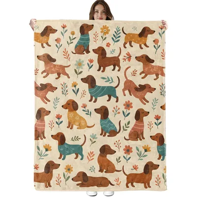 Dachshunds with Flowers Blanket for Dog Lovers and Cozy Days