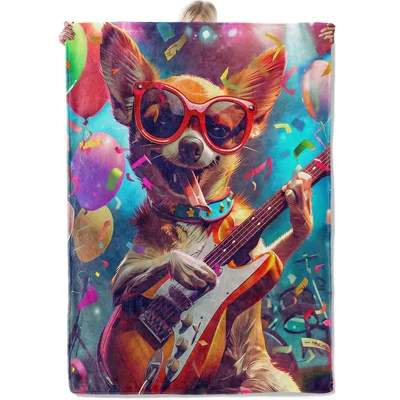 Chihuahua Guitar Party Blanket: Rocking Dog with Red Sunglasses