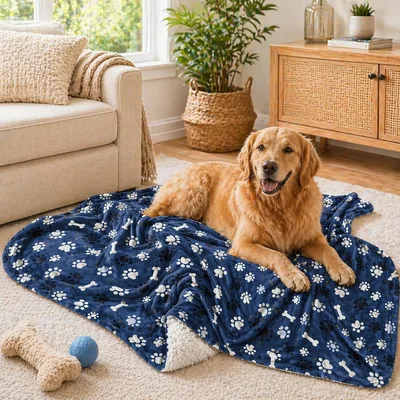 Paw Print Dog Pattern Blanket: Paws and Bones on Navy