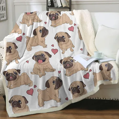 Pug Dogs and Hearts Blanket: Cute Cartoon Pugs with Pink Hearts