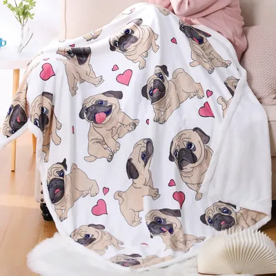 Pug Pattern with Hearts Blanket: Cute Pugs and Pink Hearts Design