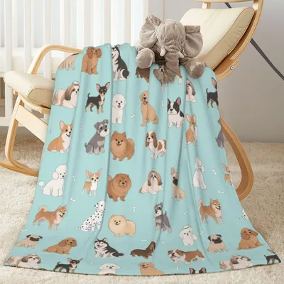 Cute Puppies Pattern Blanket: A Variety of Dog Breeds on Light Blue