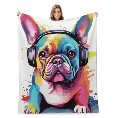 Colorful Bulldog with Headphones Blanket