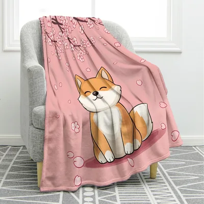 Dog with Cherry Blossom Blanket: Cute Shiba Inu Design