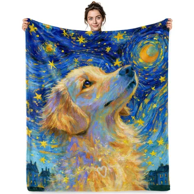 Starry Night Golden Retriever Blanket: Van Gogh Style Dog Art