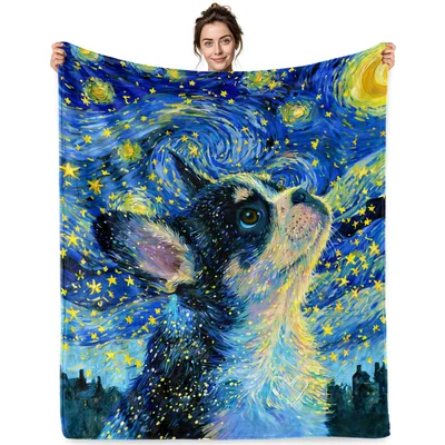 Starry Night Boston Terrier Dog Blanket: Artistic Canine Tribute