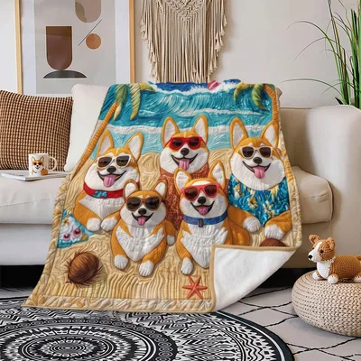 Corgi Dogs Beach Scene Blanket