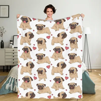 Cartoon Pugs with Hearts Blanket: Playful Dog Pattern for Lovers