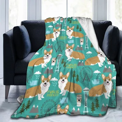 Corgi Dogs Pattern on Teal Blanket: Seattle Landmarks and Corgis