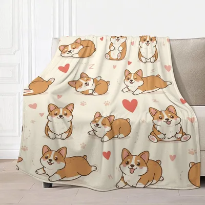 Corgis with Hearts Pattern Blanket: Cute Cartoon Dogs and Red Hearts
