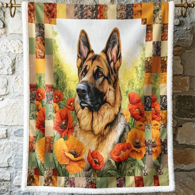 German Shepherd Poppy Flower Blanket: A Portrait of a Dog Among Blooms