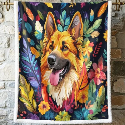 Botanical German Shepherd Leaf Blanket: Vibrant Dog Art for Your Home