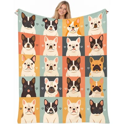 French Bulldogs in Colorful Blanket: A Grid of Cartoon Frenchie Faces