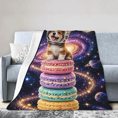 Corgi Astronaut on Macarons Blanket: Space Pups and Sweet Treats