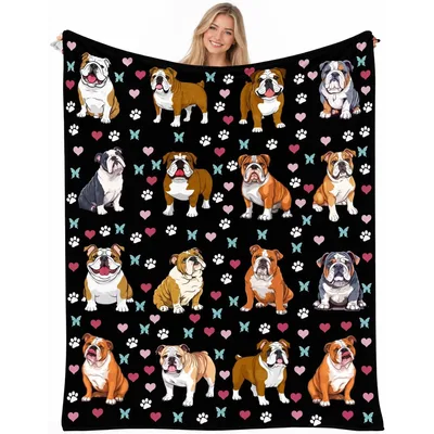 English Bulldog Pattern Blanket: Paws, Hearts, and Butterflies Design