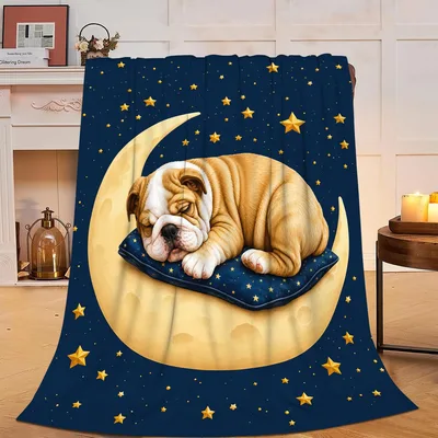 Sleeping Bulldog on Crescent Blanket: Cozy Moonlit Pooch Design