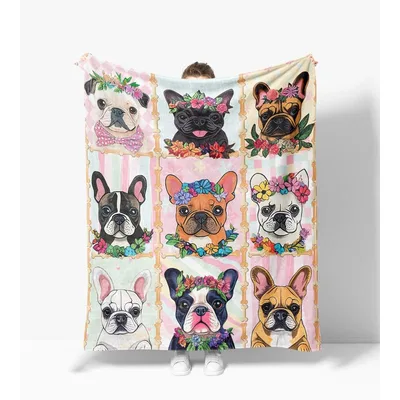 French Bulldog Faces Pattern Blanket: Floral Dog Art for Cozy Days