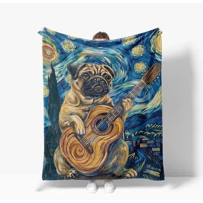Pug Playing Guitar Starry Blanket: Van Gogh Inspired Art
