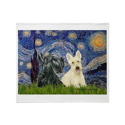 Starry Night Two Dogs Blanket: Scottish Terrier and White Terrier Art