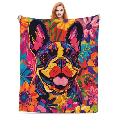 Pop Art French Bulldog Blanket: Vibrant Floral Dog Design for Home