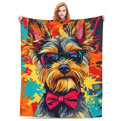 Pop Art Yorkie Blanket: Cool Dog with Sunglasses and Bow Tie