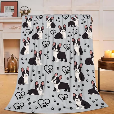 Bulldog Pattern with Hearts Blanket featuring playful French bulldogs