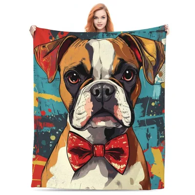 Boxer Dog with Red Blanket: Stylish Bow Tie Art for Home