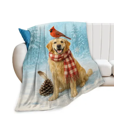 Bird Dog Blanket: Golden Retriever With Cardinal Bird Winter Design