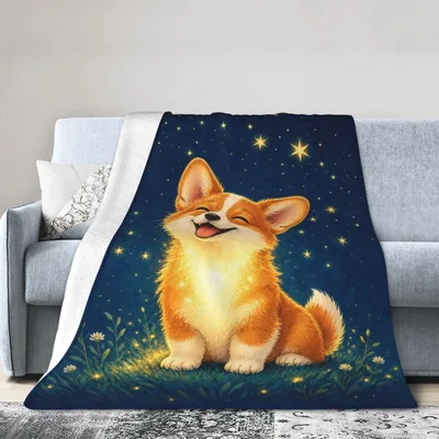 Corgi Puppy Under Starry Blanket: Happy Dog in Night Sky