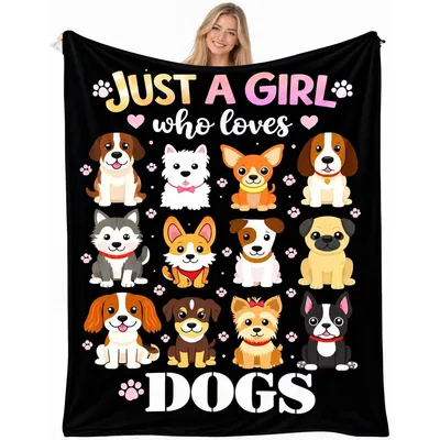 Just a Girl Blanket for Dog Lovers with Cartoon Puppies