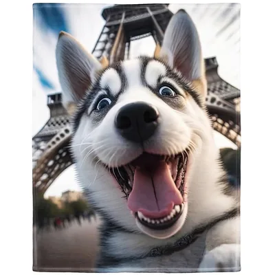 Husky Puppy Selfie Photo Blanket featuring a grinning husky