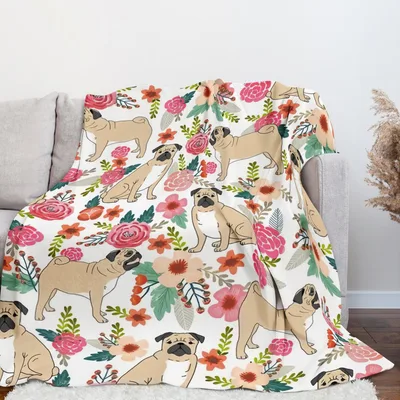Pugs Among Pink Flowers Blanket: A Floral Pug Throw for Your Sofa